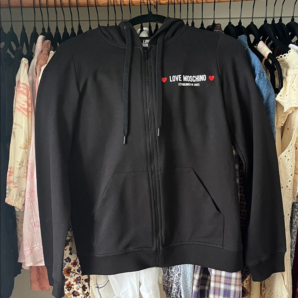 Love Moschino Black Zip-Up Hoodie with Red Accents